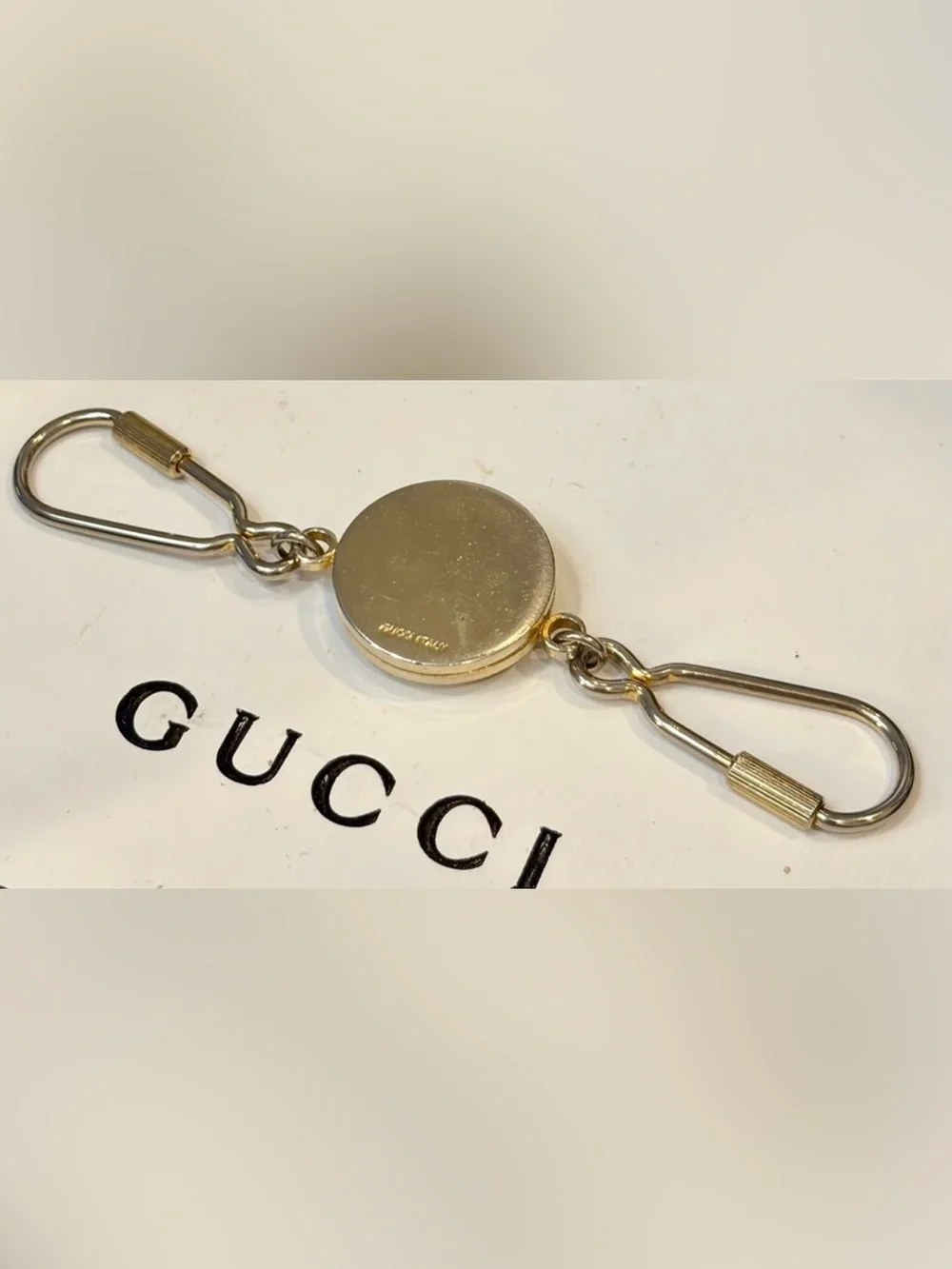 Vtg. GUCCI Horse-bit Green & Gold Round Enamel Keychain